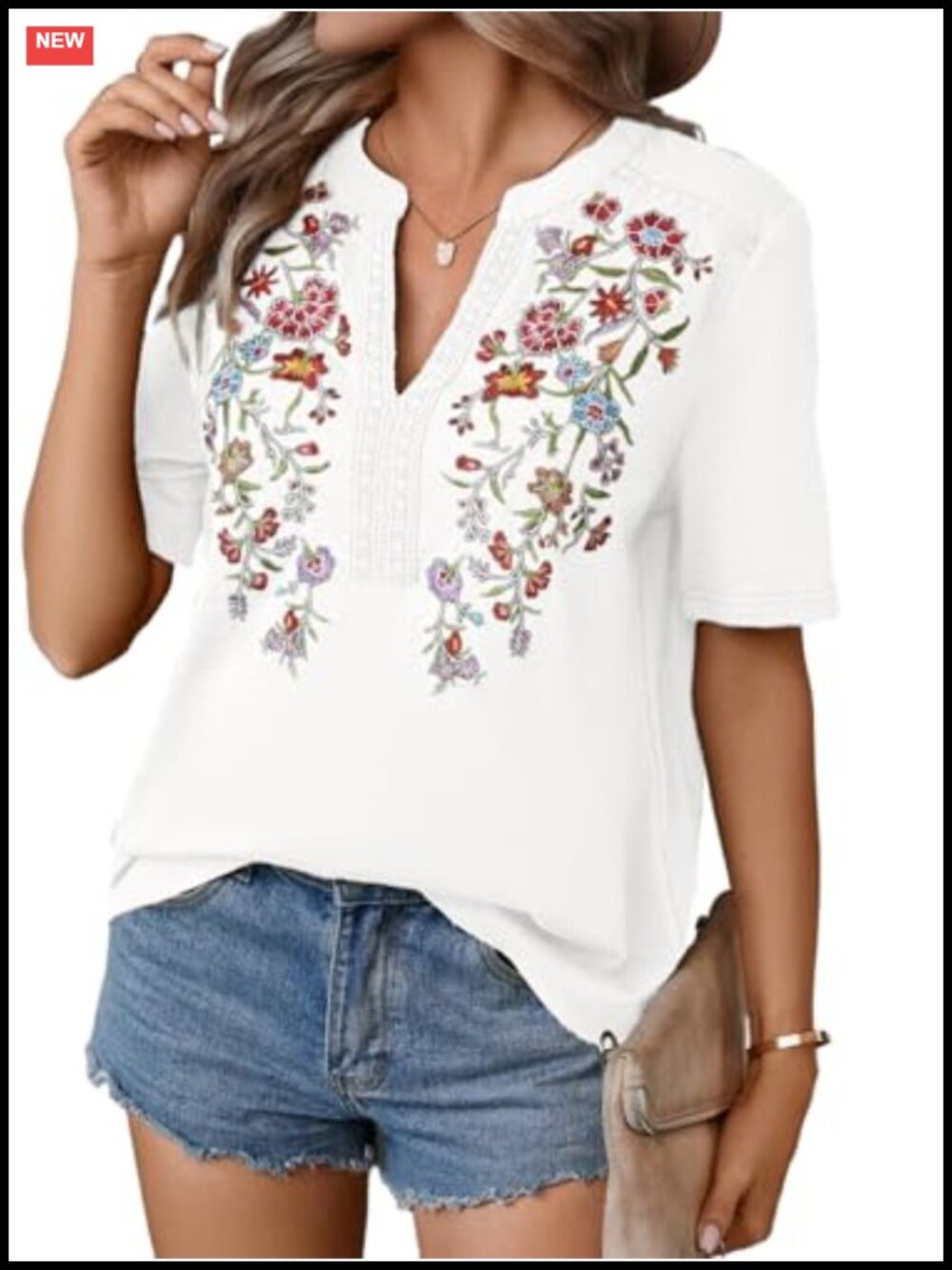 Women's Embroidered Mexican Tunic Top V-Neck Short Sleeve Floral Boho Blouse